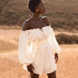 SPELL Milla off the shoulder boho romper in off-white size Medium with belt